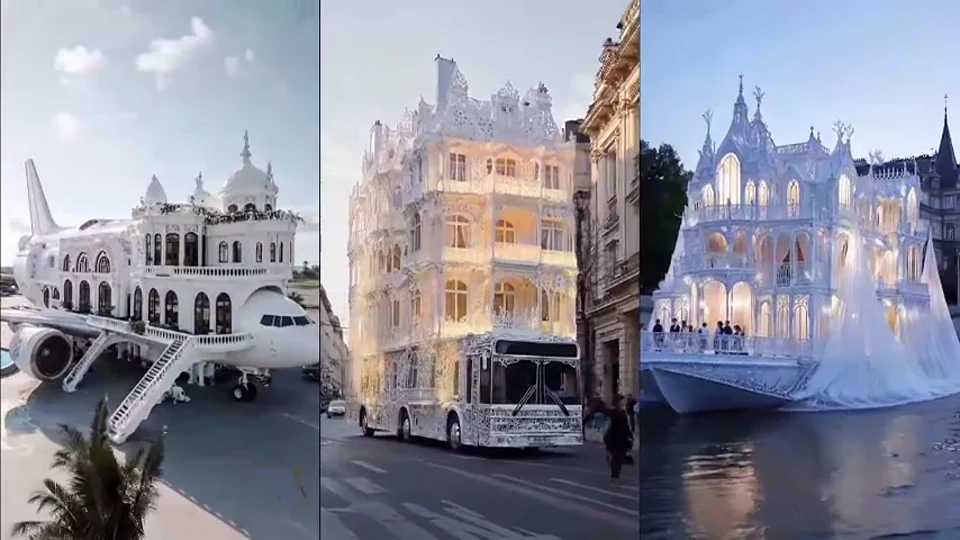 Архитектурные фантазии с белыми дворцами — кадр из видео Kling AI